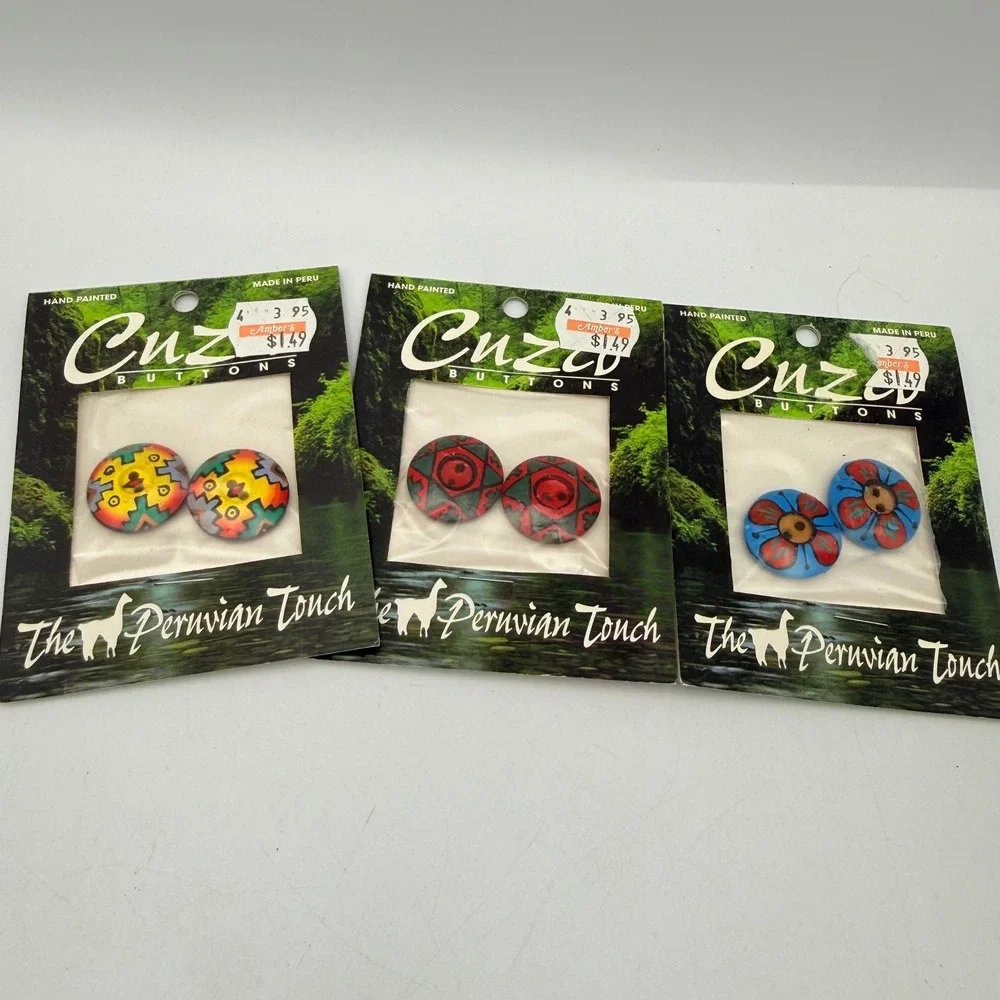 Cuzco Buttons Hand Painted Ceramic 23mm Peru Lot of 3 Pairs New Mexico Maya